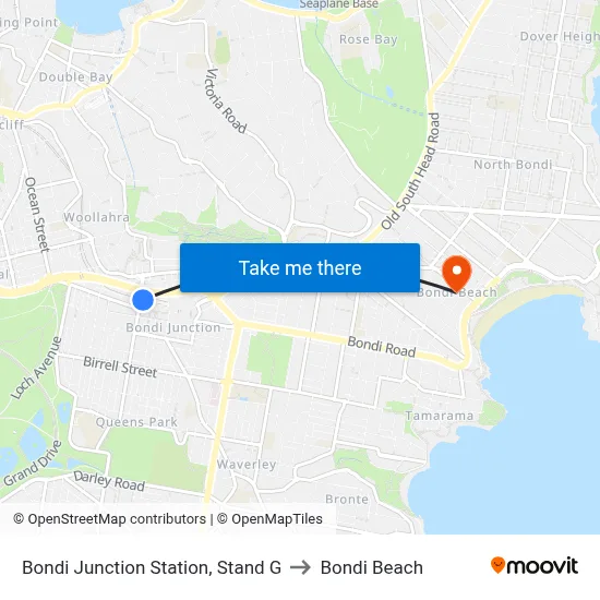 Bondi Junction Station, Stand G to Bondi Beach map