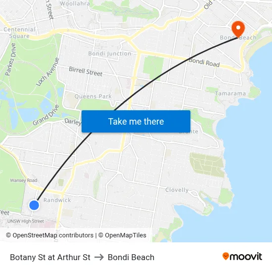 Botany St at Arthur St to Bondi Beach map