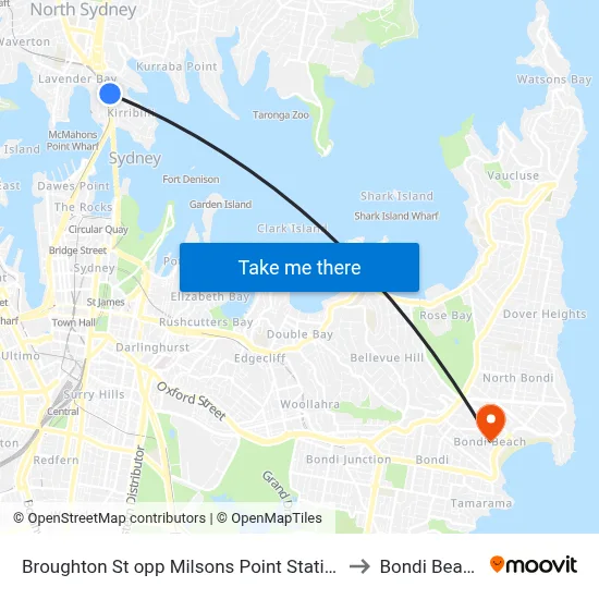 Broughton St opp Milsons Point Station to Bondi Beach map
