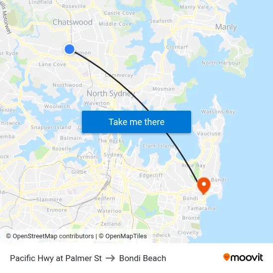 Pacific Hwy at Palmer St to Bondi Beach map