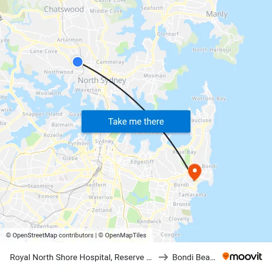 Royal North Shore Hospital, Reserve Rd to Bondi Beach map