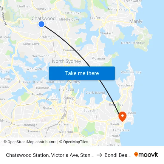 Chatswood Station, Victoria Ave, Stand F to Bondi Beach map