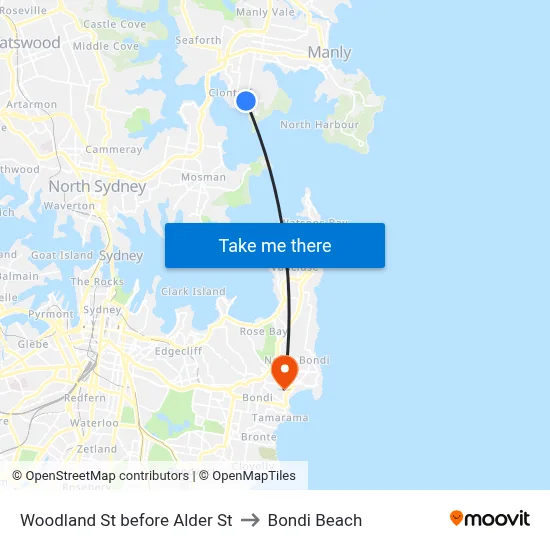 Woodland St before Alder St to Bondi Beach map