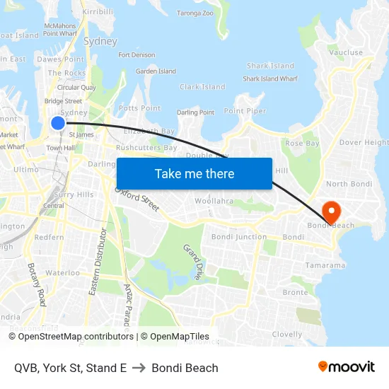 QVB, York St, Stand E to Bondi Beach map
