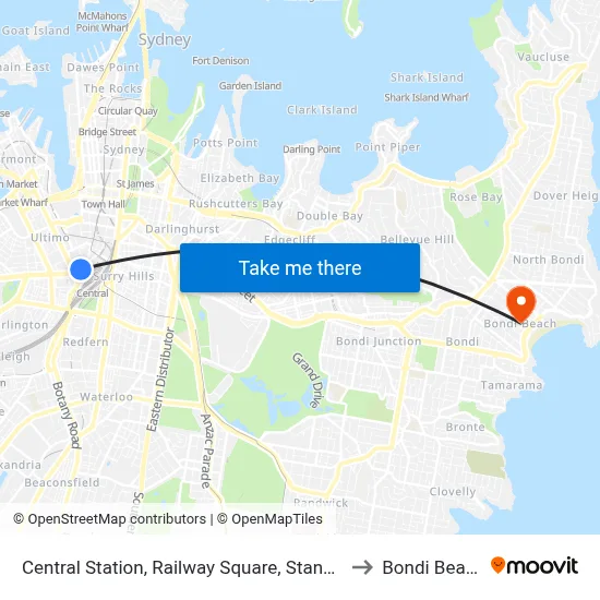 Central Station, Railway Square, Stand M to Bondi Beach map