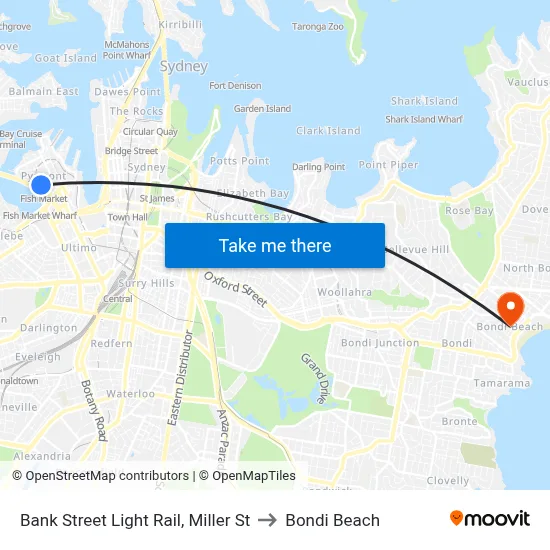 Bank Street Light Rail, Miller St to Bondi Beach map