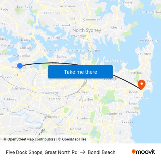 Five Dock Shops, Great North Rd to Bondi Beach map