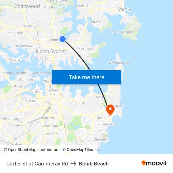 Carter St at Cammeray Rd to Bondi Beach map