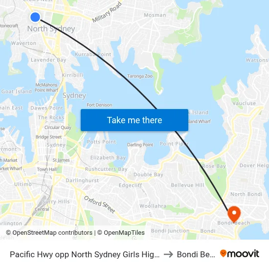 Pacific Hwy opp North Sydney Girls High School to Bondi Beach map