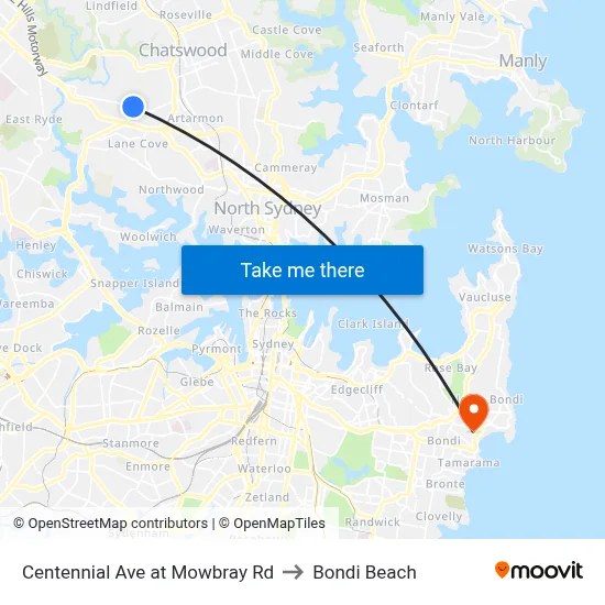 Centennial Ave at Mowbray Rd to Bondi Beach map