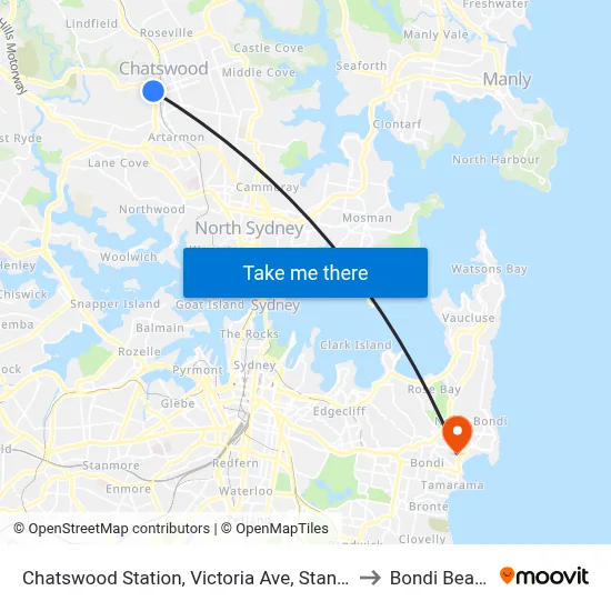 Chatswood Station, Victoria Ave, Stand E to Bondi Beach map