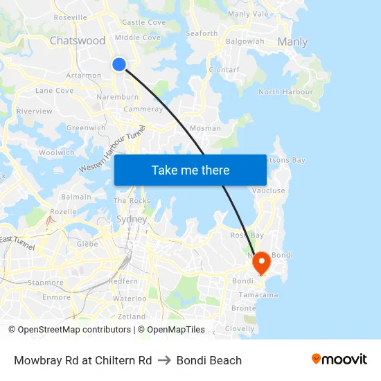 Mowbray Rd at Chiltern Rd to Bondi Beach map