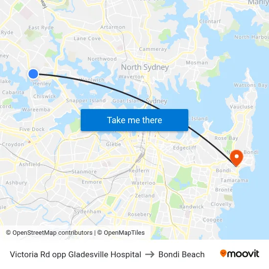 Victoria Rd opp Gladesville Hospital to Bondi Beach map
