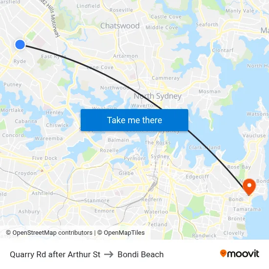 Quarry Rd after Arthur St to Bondi Beach map