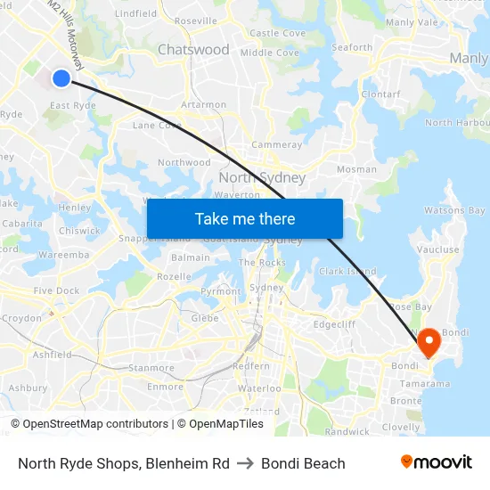 North Ryde Shops, Blenheim Rd to Bondi Beach map