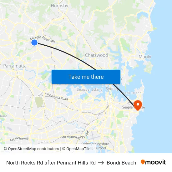 North Rocks Rd after Pennant Hills Rd to Bondi Beach map