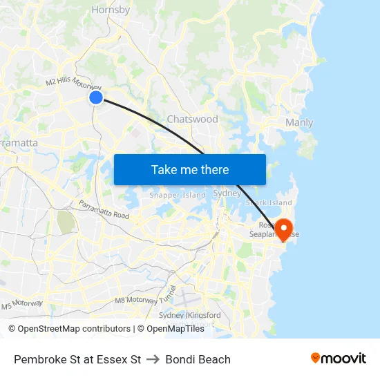 Pembroke St at Essex St to Bondi Beach map