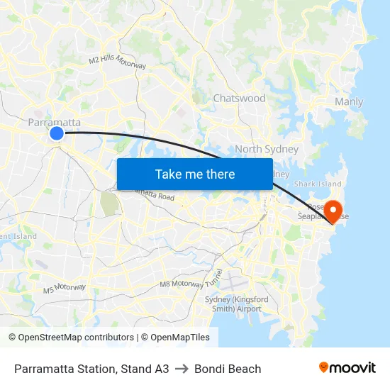 Parramatta Station, Stand A3 to Bondi Beach map