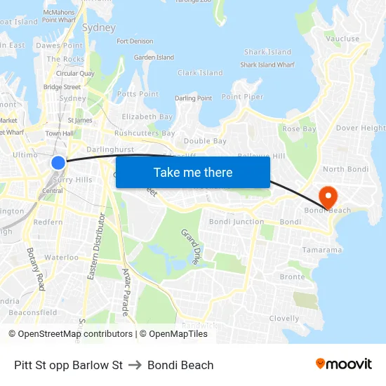 Pitt St opp Barlow St to Bondi Beach map