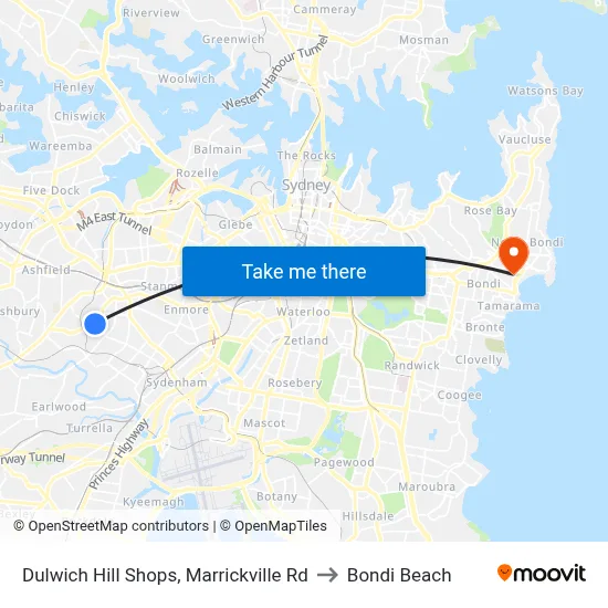 Dulwich Hill Shops, Marrickville Rd to Bondi Beach map