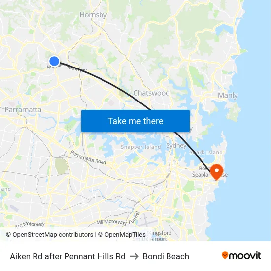 Aiken Rd after Pennant Hills Rd to Bondi Beach map