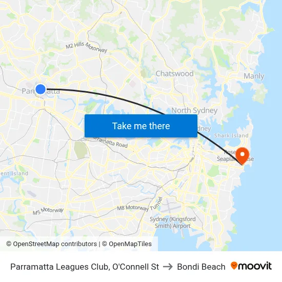Parramatta Leagues Club, O'Connell St to Bondi Beach map