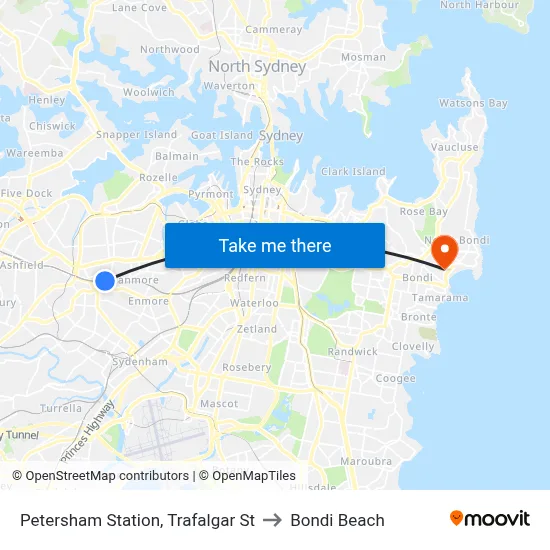 Petersham Station, Trafalgar St to Bondi Beach map