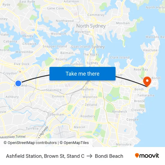 Ashfield Station, Brown St, Stand C to Bondi Beach map