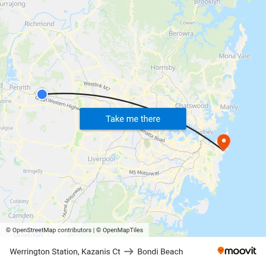 Werrington Station, Kazanis Ct to Bondi Beach map