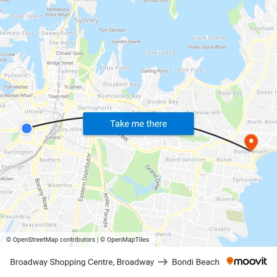Broadway Shopping Centre, Broadway to Bondi Beach map