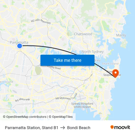 Parramatta Station, Stand B1 to Bondi Beach map