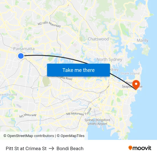 Pitt St at Crimea St to Bondi Beach map
