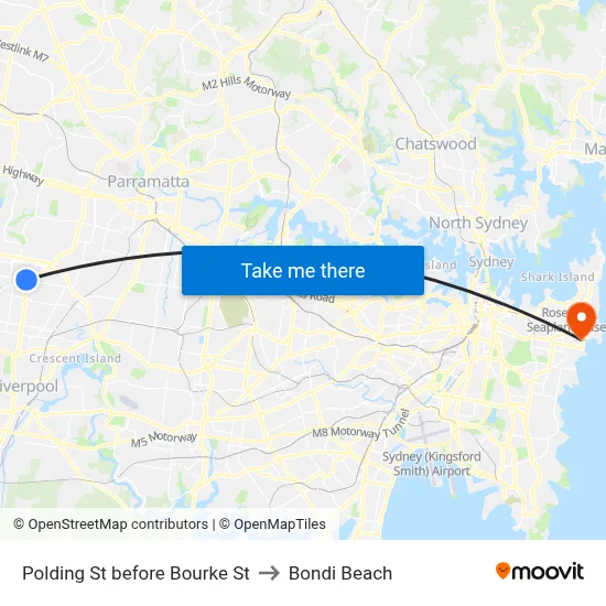 Polding St before Bourke St to Bondi Beach map