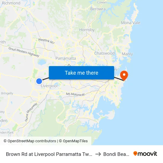 Brown Rd at Liverpool Parramatta Tway to Bondi Beach map