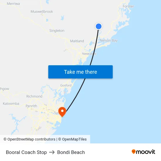 Booral Coach Stop to Bondi Beach map