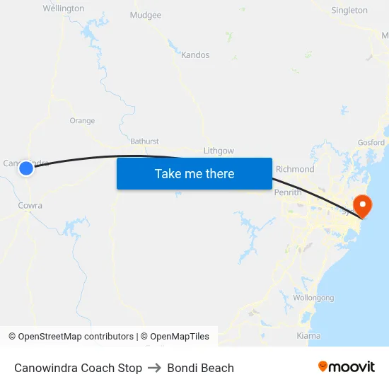 Canowindra Coach Stop to Bondi Beach map