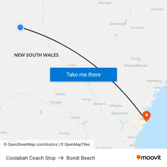 Coolabah Coach Stop to Bondi Beach map