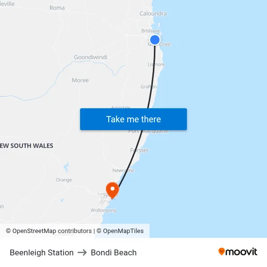 Beenleigh Station to Bondi Beach map