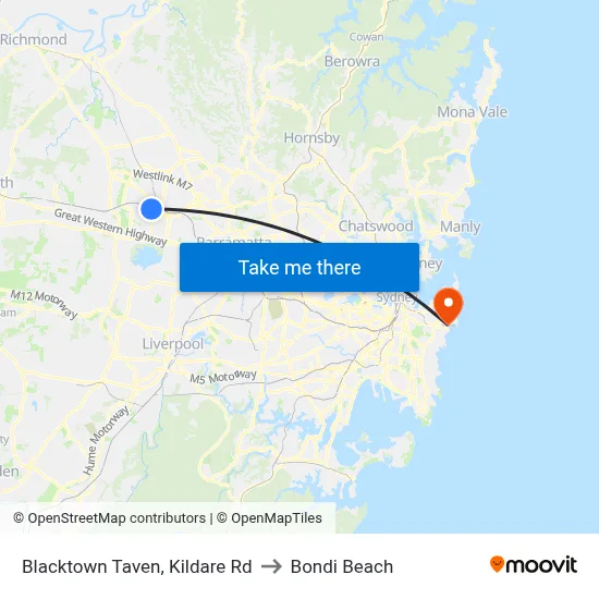 Blacktown Taven, Kildare Rd to Bondi Beach map