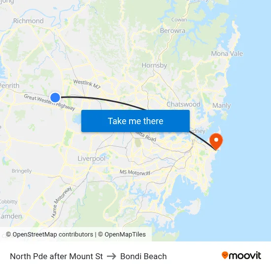 North Pde after Mount St to Bondi Beach map