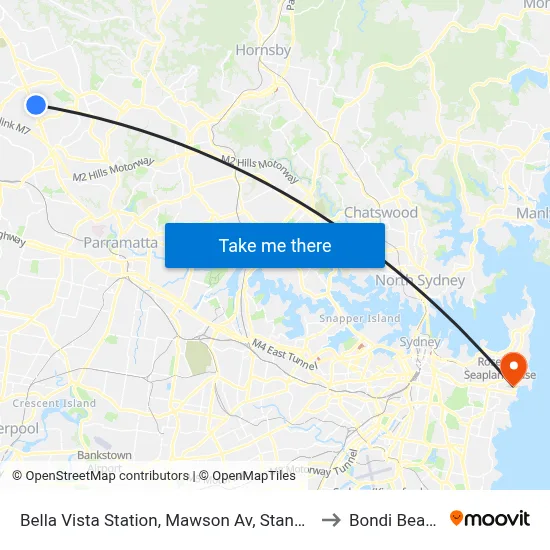 Bella Vista Station, Mawson Av, Stand A to Bondi Beach map
