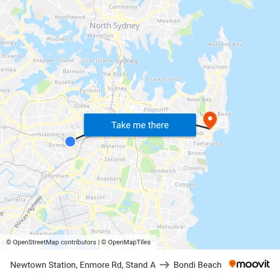 Newtown Station, Enmore Rd, Stand A to Bondi Beach map