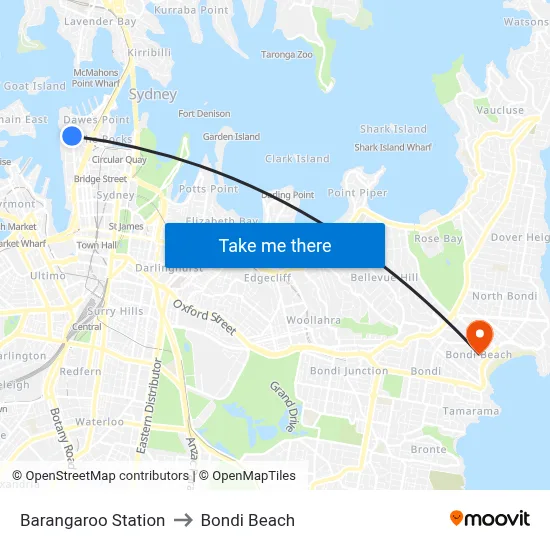 Barangaroo Station to Bondi Beach map
