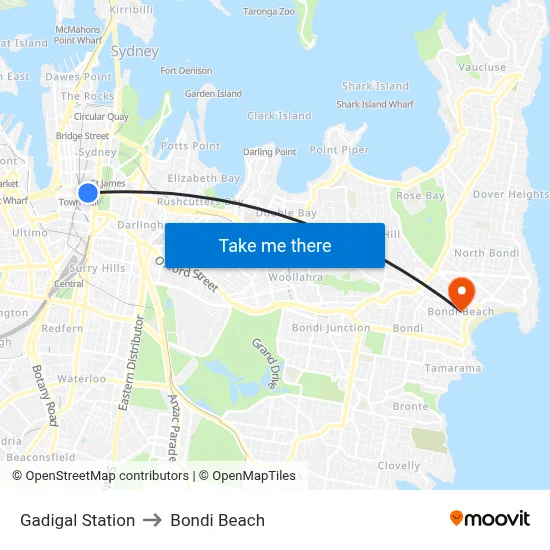 Gadigal Station to Bondi Beach map
