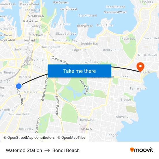 Waterloo Station to Bondi Beach map