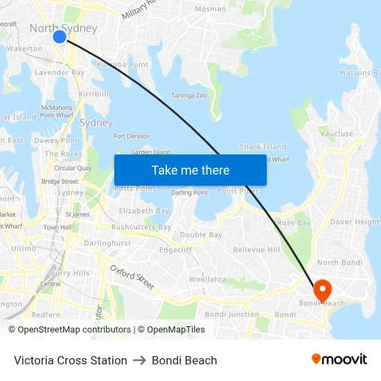 Victoria Cross Station to Bondi Beach map