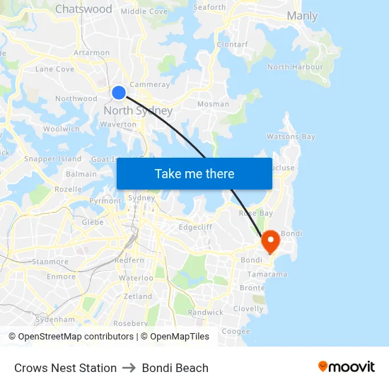 Crows Nest Station to Bondi Beach map