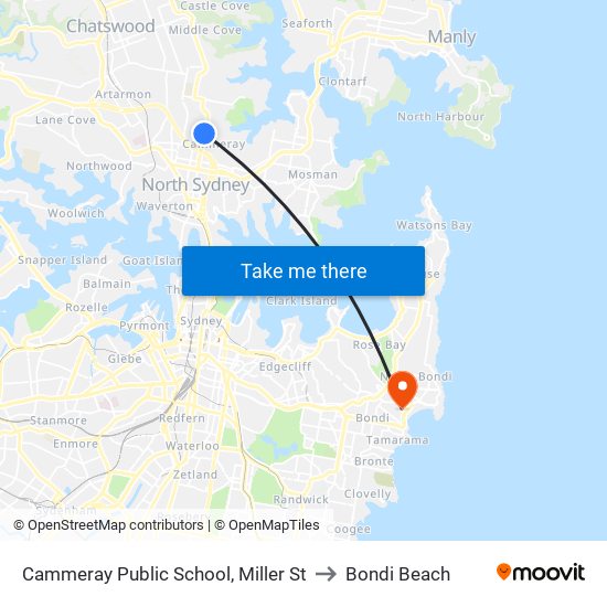 Cammeray Public School, Miller St to Bondi Beach map