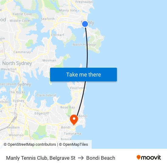 Manly Tennis Club, Belgrave St to Bondi Beach map