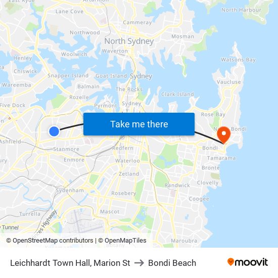 Leichhardt Town Hall, Marion St to Bondi Beach map